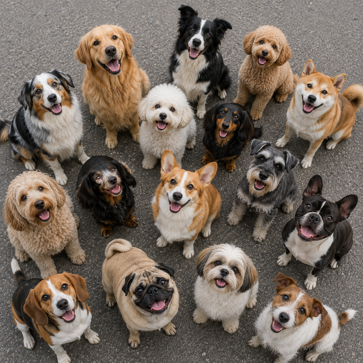 Group of happy dogs looking up at the camera